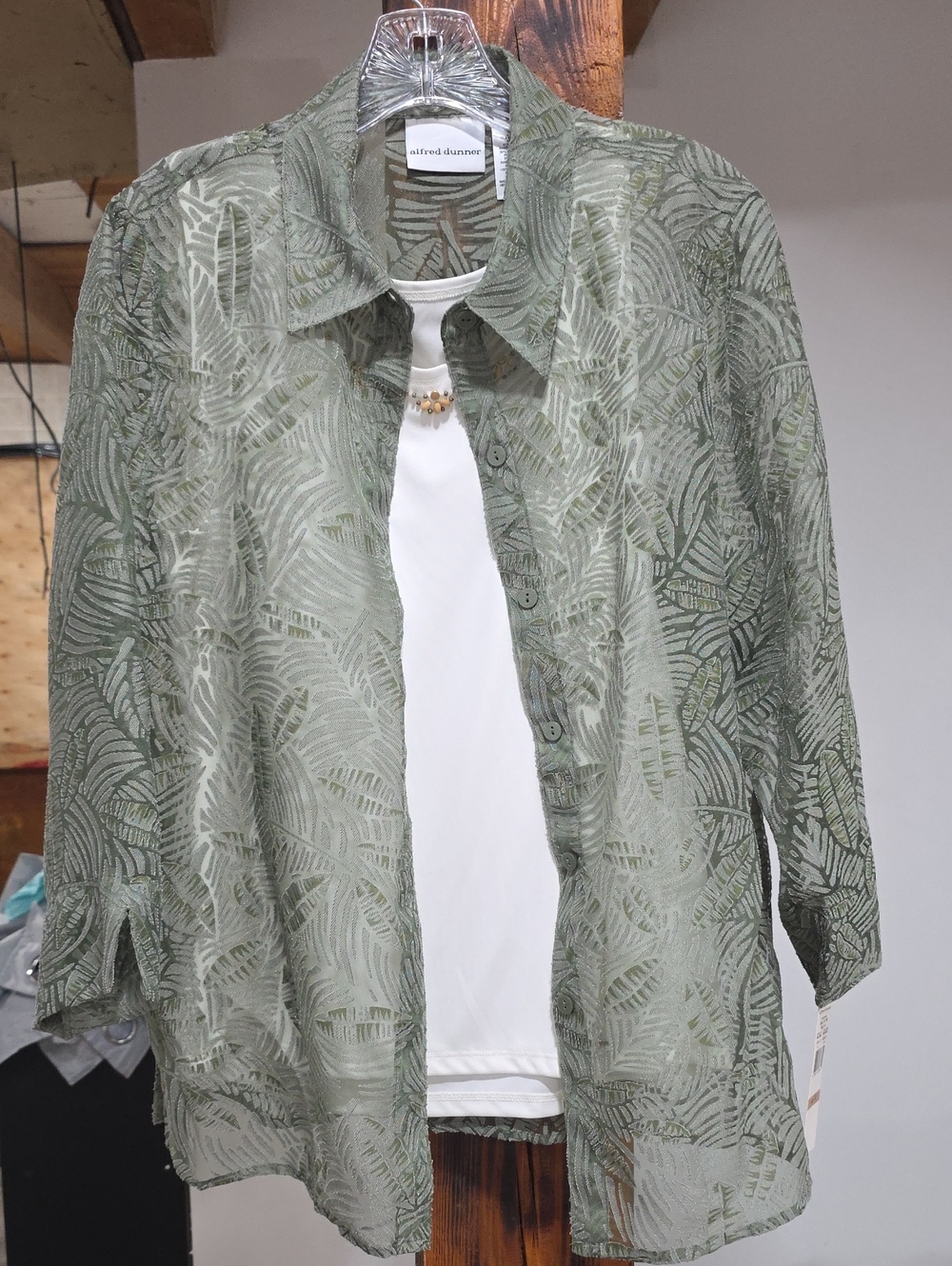 Alfred Dunner Olive Green Sheer Leaf-Print Shirt Jacket